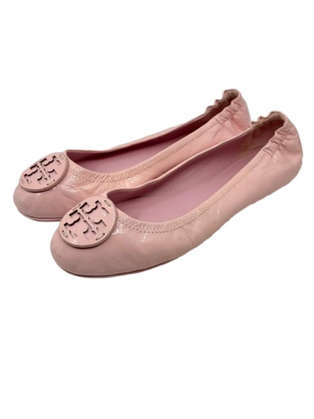 TORY BURCH~Minnie~TRAVEL BALLET FLAT~REVA LOGO PINK PATENT LEATHER Size 9
